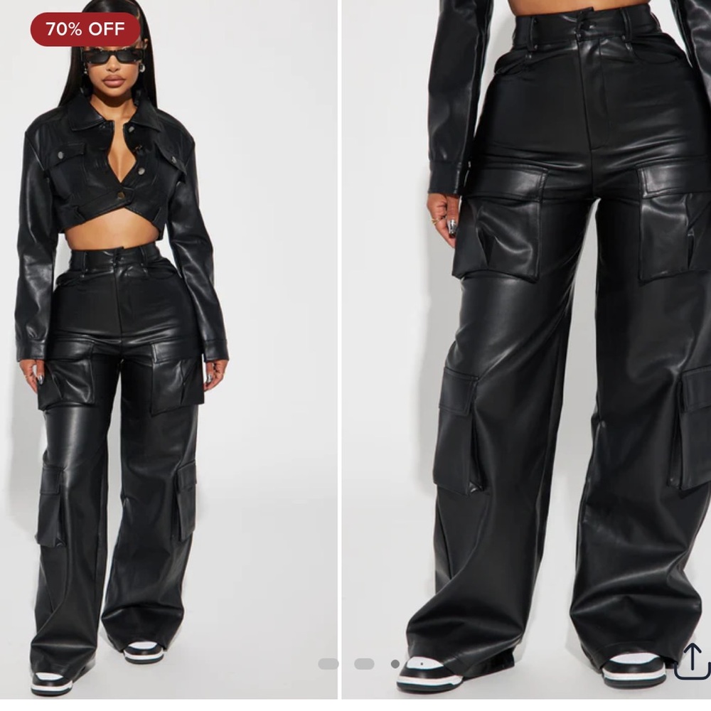 Fashion Nova Faux Leather Wide Leg Cargo Pants - Black